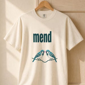Mend Two Birds T-Shirt Sparrows on a Wire Screenprint Style Tee Quiet Repair Mutual Aid Cottagecore Bird Lover Graphic Tee Bild 7
