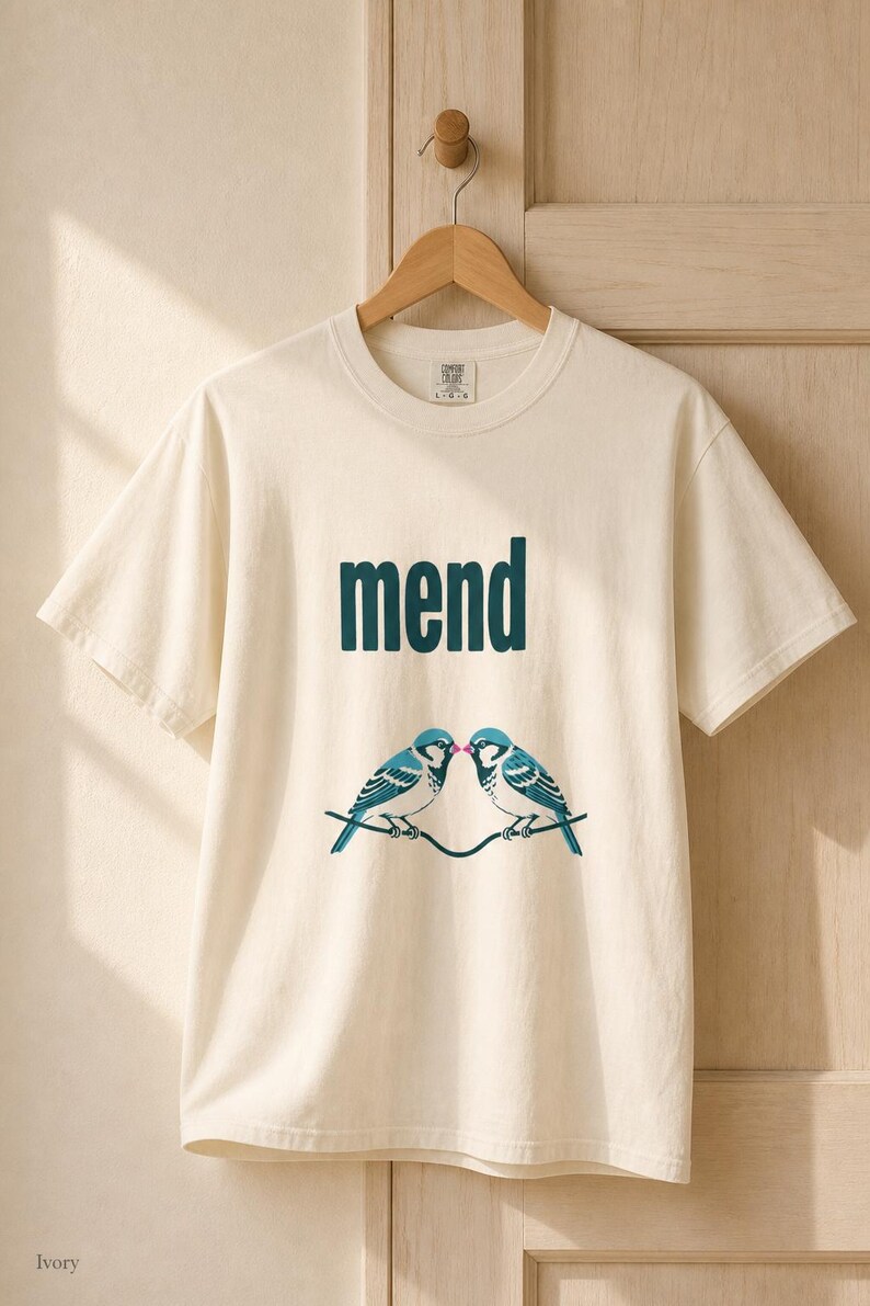 Mend Two Birds T-Shirt Sparrows on a Wire Screenprint Style Tee Quiet Repair Mutual Aid Cottagecore Bird Lover Graphic Tee Bild 7