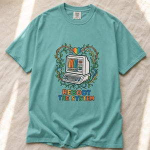 Reboot The System T-Shirt, Retro Computer with Vines and Rainbow Heart Tee, Vintage PC Graphic Cottagecore Tech Shirt image 10