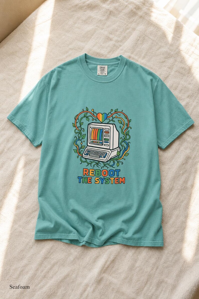 Reboot The System T-Shirt, Retro Computer with Vines and Rainbow Heart Tee, Vintage PC Graphic Cottagecore Tech Shirt image 10