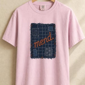 Mend Sashiko Boro Patch T-Shirt Visible Mending Embroidered Denim Look Slow Stitch Repair Graphic Tee Mutual Aid Gift image 8