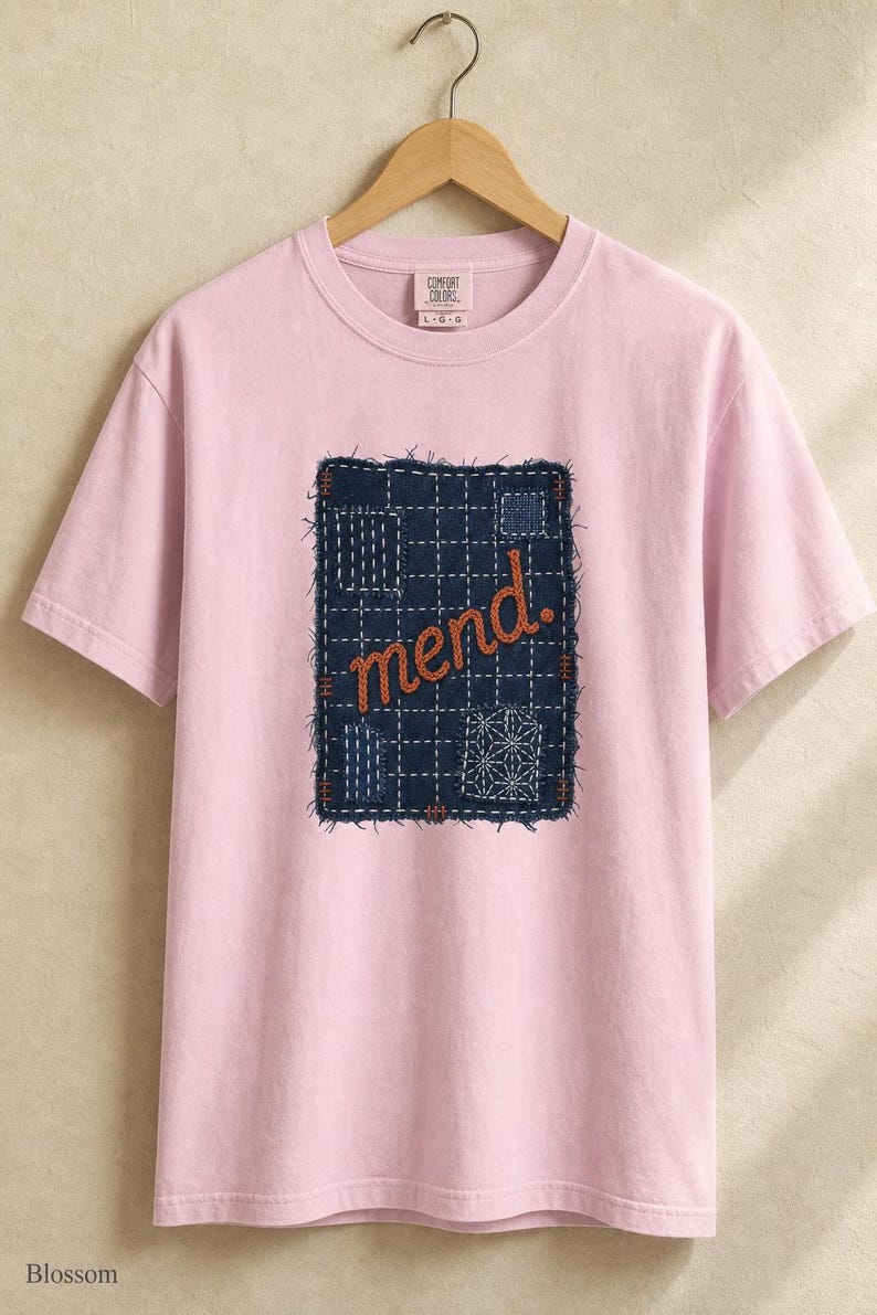 Mend Sashiko Boro Patch T-Shirt Visible Mending Embroidered Denim Look Slow Stitch Repair Graphic Tee Mutual Aid Gift image 8