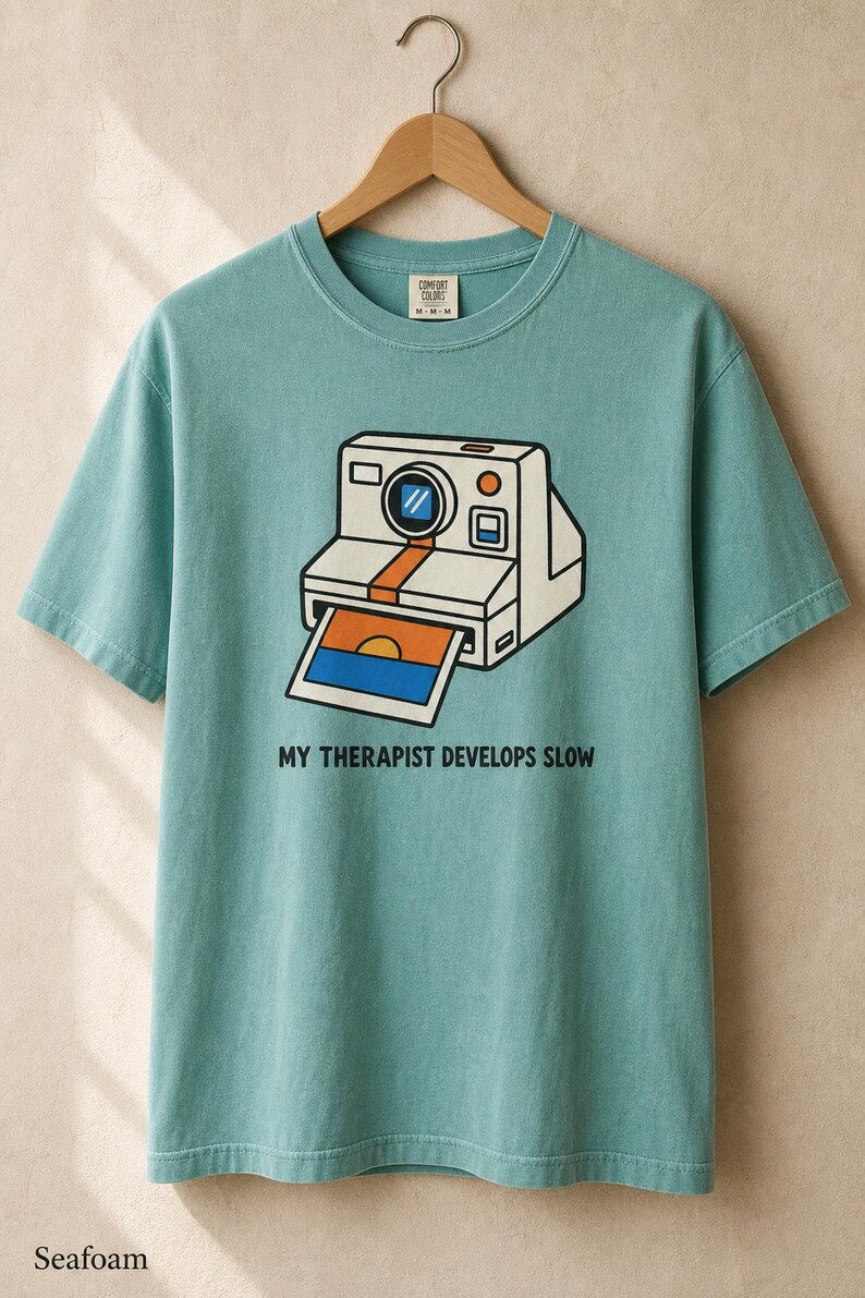 Retro Polaroid Camera T-Shirt, My Therapist Develops Slow, Vintage Instant Photo Tee, Film Photography Graphic Tee, Sunset Print image 9