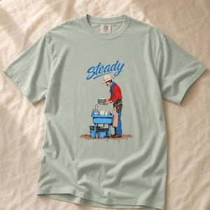 Steady Cowboy Washing Dishes T-Shirt, Mustached Ranch Hand at Blue Sink Graphic Tee, Quiet Work Western Shirt image 5