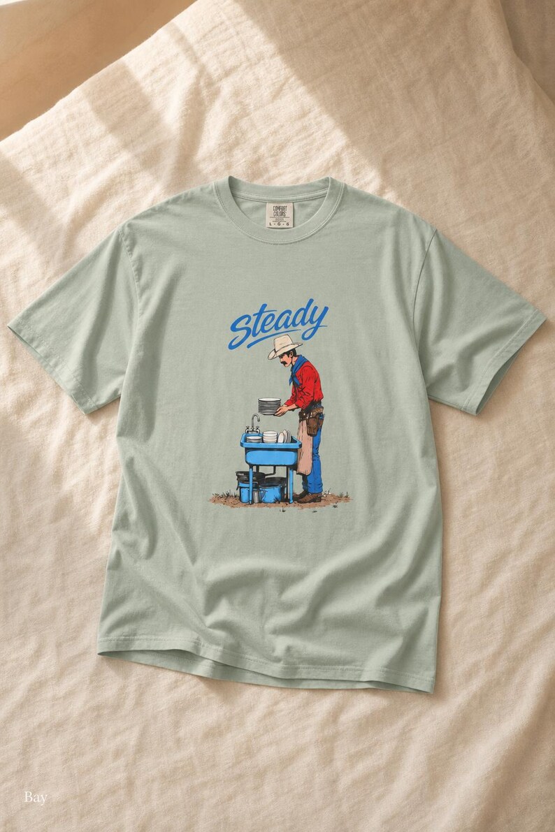 Steady Cowboy Washing Dishes T-Shirt, Mustached Ranch Hand at Blue Sink Graphic Tee, Quiet Work Western Shirt image 5