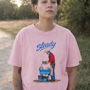 Steady Cowboy Washing Dishes T-Shirt, Mustached Ranch Hand at Blue Sink Graphic Tee, Quiet Work Western Shirt image 3