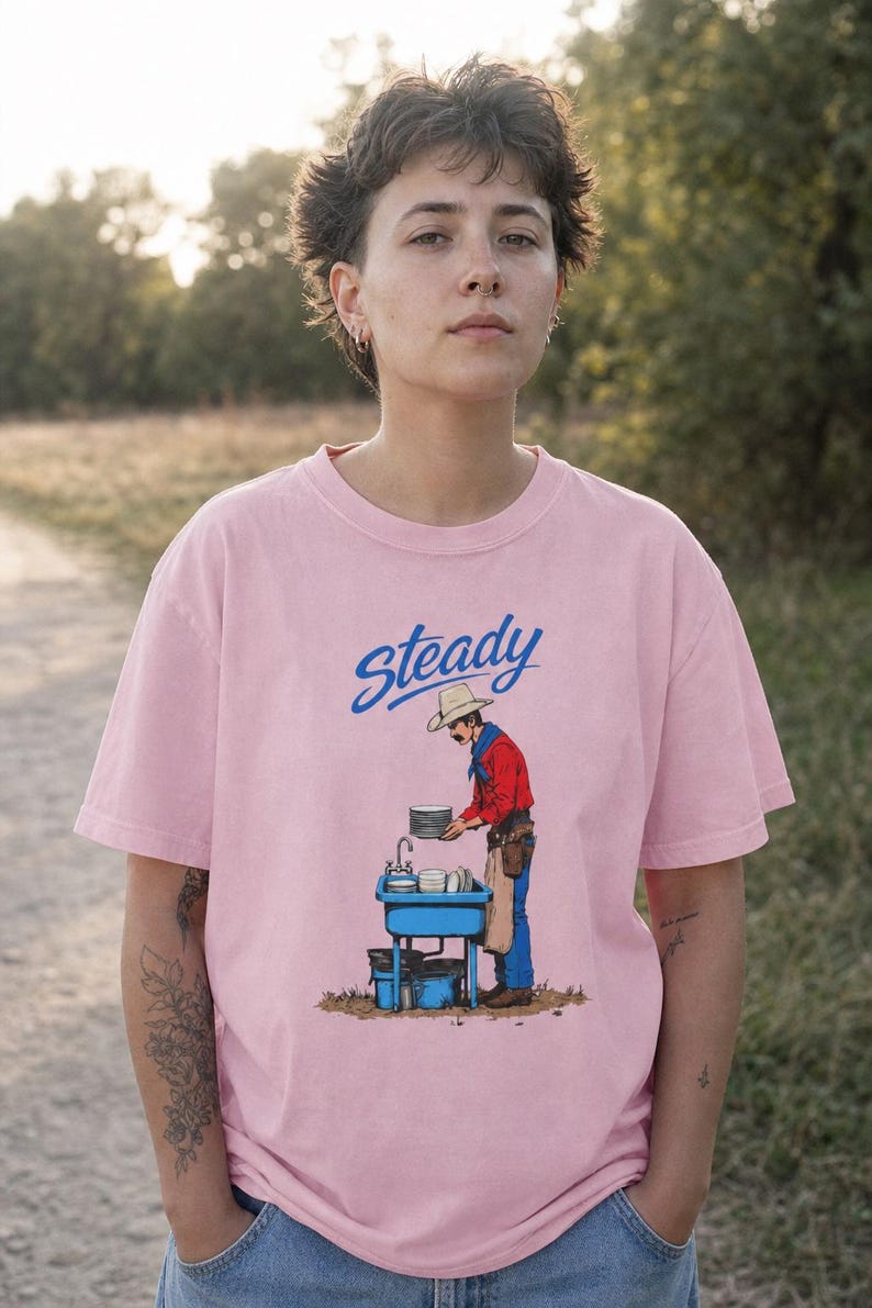 Steady Cowboy Washing Dishes T-Shirt, Mustached Ranch Hand at Blue Sink Graphic Tee, Quiet Work Western Shirt image 3