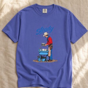 Steady Cowboy Washing Dishes T-Shirt, Mustached Ranch Hand at Blue Sink Graphic Tee, Quiet Work Western Shirt image 16