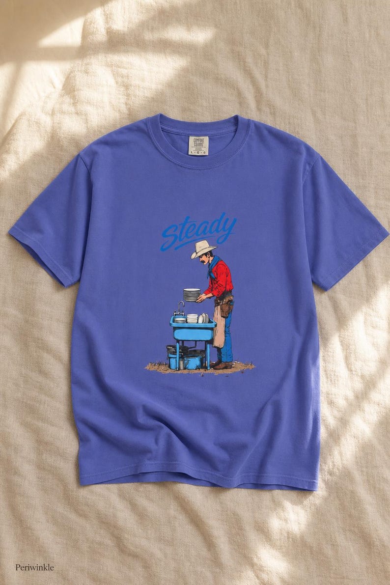 Steady Cowboy Washing Dishes T-Shirt, Mustached Ranch Hand at Blue Sink Graphic Tee, Quiet Work Western Shirt image 16