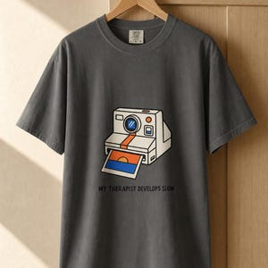 Retro Polaroid Camera T-Shirt, My Therapist Develops Slow, Vintage Instant Photo Tee, Film Photography Graphic Tee, Sunset Print image 11