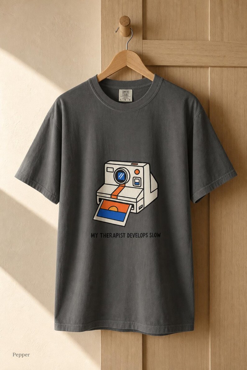 Retro Polaroid Camera T-Shirt, My Therapist Develops Slow, Vintage Instant Photo Tee, Film Photography Graphic Tee, Sunset Print image 11