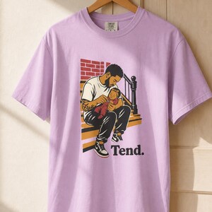 Tend Father and Baby Brownstone Stoop T-Shirt Bold Comic Illustration Fatherhood Graphic Tee Black Dad Gift 画像 18