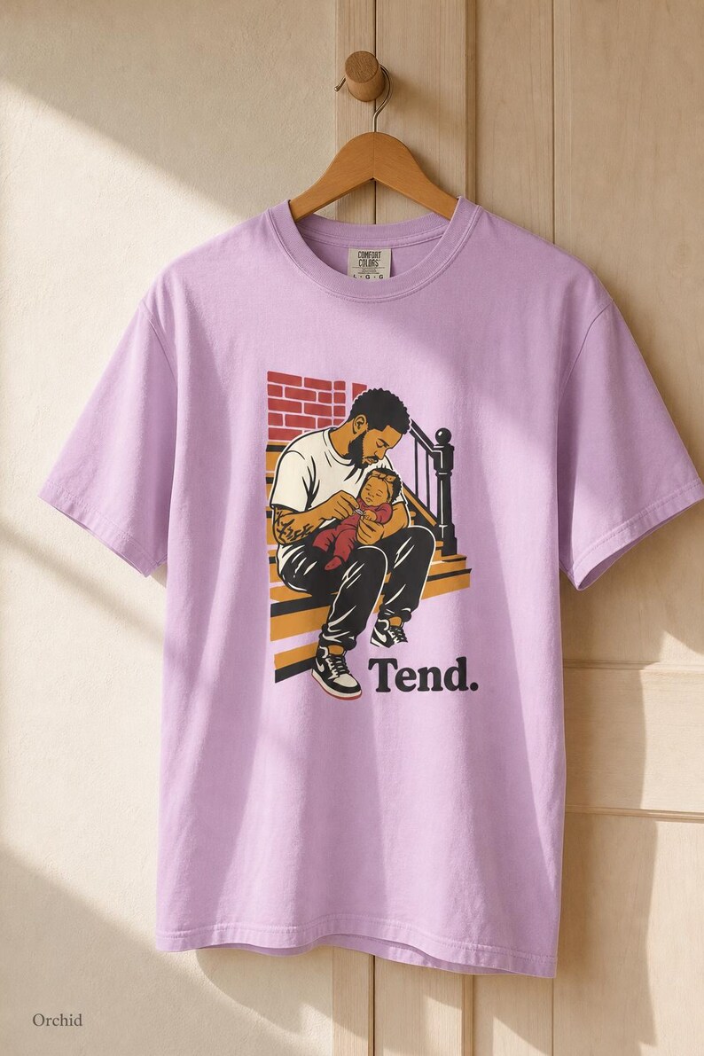 Tend Father and Baby Brownstone Stoop T-Shirt Bold Comic Illustration Fatherhood Graphic Tee Black Dad Gift 画像 18