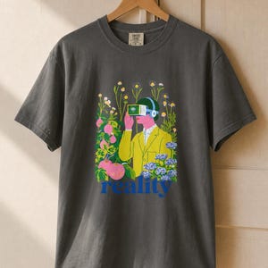 Reality VR Headset Garden T-Shirt Person in Yellow Jacket Among Daisies Hydrangeas and Peaches Botanical Graphic Tee image 12
