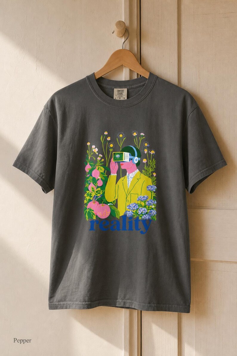 Reality VR Headset Garden T-Shirt Person in Yellow Jacket Among Daisies Hydrangeas and Peaches Botanical Graphic Tee image 12
