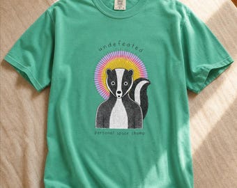 Undefeated Personal Space Champ Skunk T-Shirt, Funny Introvert Tee, Stippled Skunk Portrait with Sunburst Halo Graphic Tee