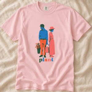 Plant Couple T-Shirt, Retro Screenprint Style Tee with Gardeners Holding Flowers and Watering Can, Cottage Garden Graphic Tee image 7