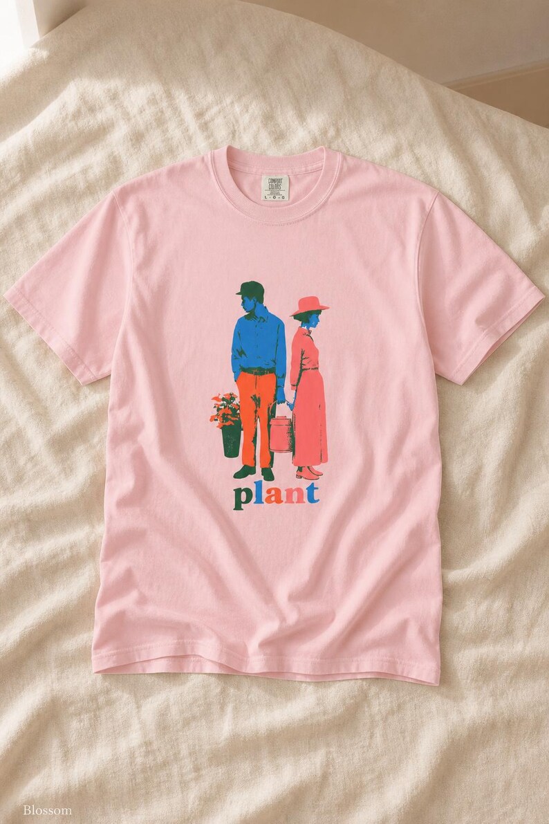 Plant Couple T-Shirt, Retro Screenprint Style Tee with Gardeners Holding Flowers and Watering Can, Cottage Garden Graphic Tee image 7