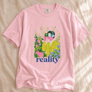 Reality VR Headset Garden T-Shirt Person in Yellow Jacket Among Daisies Hydrangeas and Peaches Botanical Graphic Tee image 8
