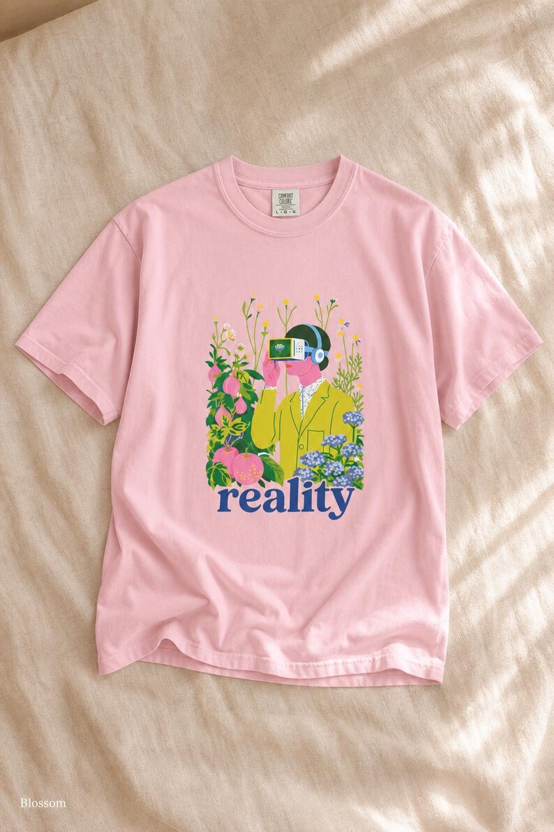 Reality VR Headset Garden T-Shirt Person in Yellow Jacket Among Daisies Hydrangeas and Peaches Botanical Graphic Tee image 8