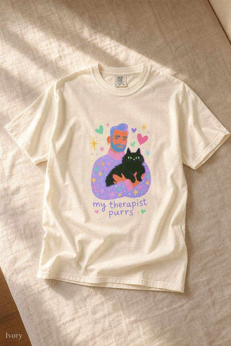 My Therapist Purrs T-Shirt, Bearded Man Holding Black Cat Tee, Cat Lover Gouache Illustration, Mental Health Cat Mom Dad Shirt imagem 7