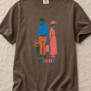 Plant Couple T-Shirt, Retro Screenprint Style Tee with Gardeners Holding Flowers and Watering Can, Cottage Garden Graphic Tee image 16