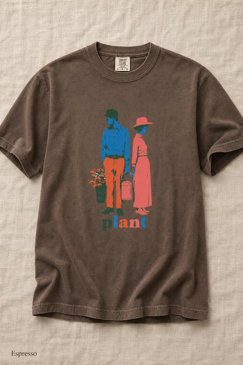 Plant Couple T-Shirt, Retro Screenprint Style Tee with Gardeners Holding Flowers and Watering Can, Cottage Garden Graphic Tee image 16