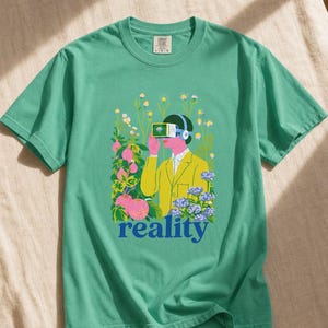 Reality VR Headset Garden T-Shirt Person in Yellow Jacket Among Daisies Hydrangeas and Peaches Botanical Graphic Tee image 14