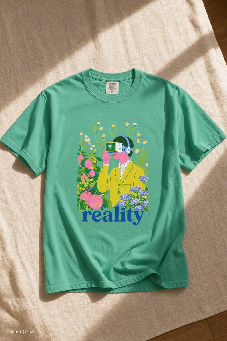 Reality VR Headset Garden T-Shirt Person in Yellow Jacket Among Daisies Hydrangeas and Peaches Botanical Graphic Tee image 14