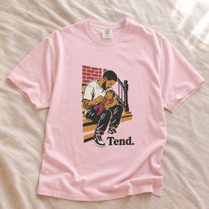 Tend Father and Baby Brownstone Stoop T-Shirt Bold Comic Illustration Fatherhood Graphic Tee Black Dad Gift 画像 8