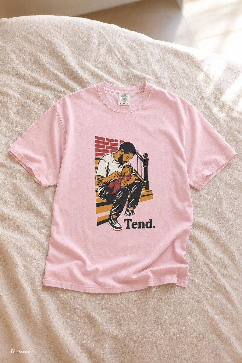 Tend Father and Baby Brownstone Stoop T-Shirt Bold Comic Illustration Fatherhood Graphic Tee Black Dad Gift 画像 8