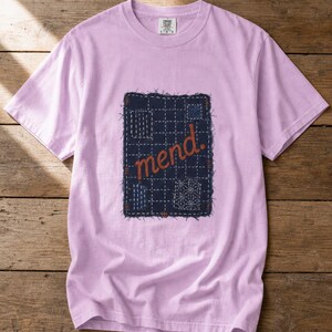 Mend Sashiko Boro Patch T-Shirt Visible Mending Embroidered Denim Look Slow Stitch Repair Graphic Tee Mutual Aid Gift image 18