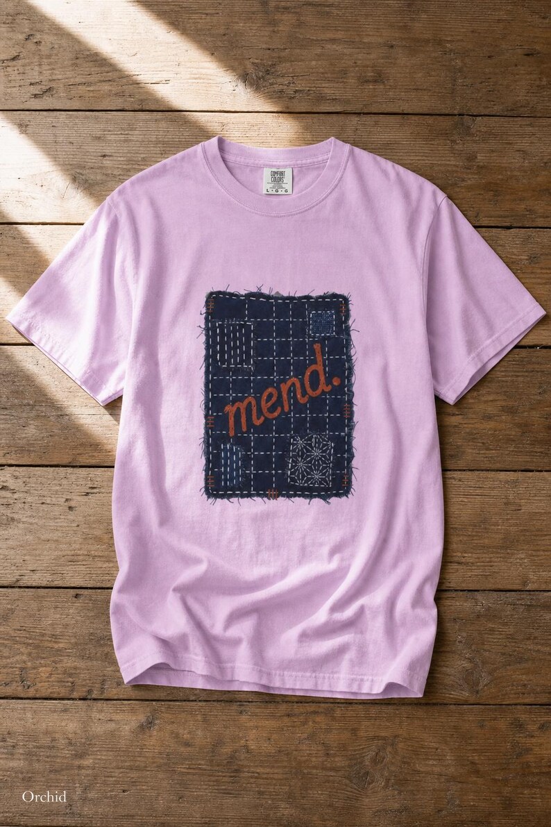 Mend Sashiko Boro Patch T-Shirt Visible Mending Embroidered Denim Look Slow Stitch Repair Graphic Tee Mutual Aid Gift image 18