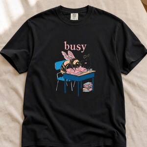 Busy Bee at Desk T-Shirt, Bumblebee Studying Illustration Tee, Bookish Cottagecore Graphic Shirt, Hard Worker Gift image 6