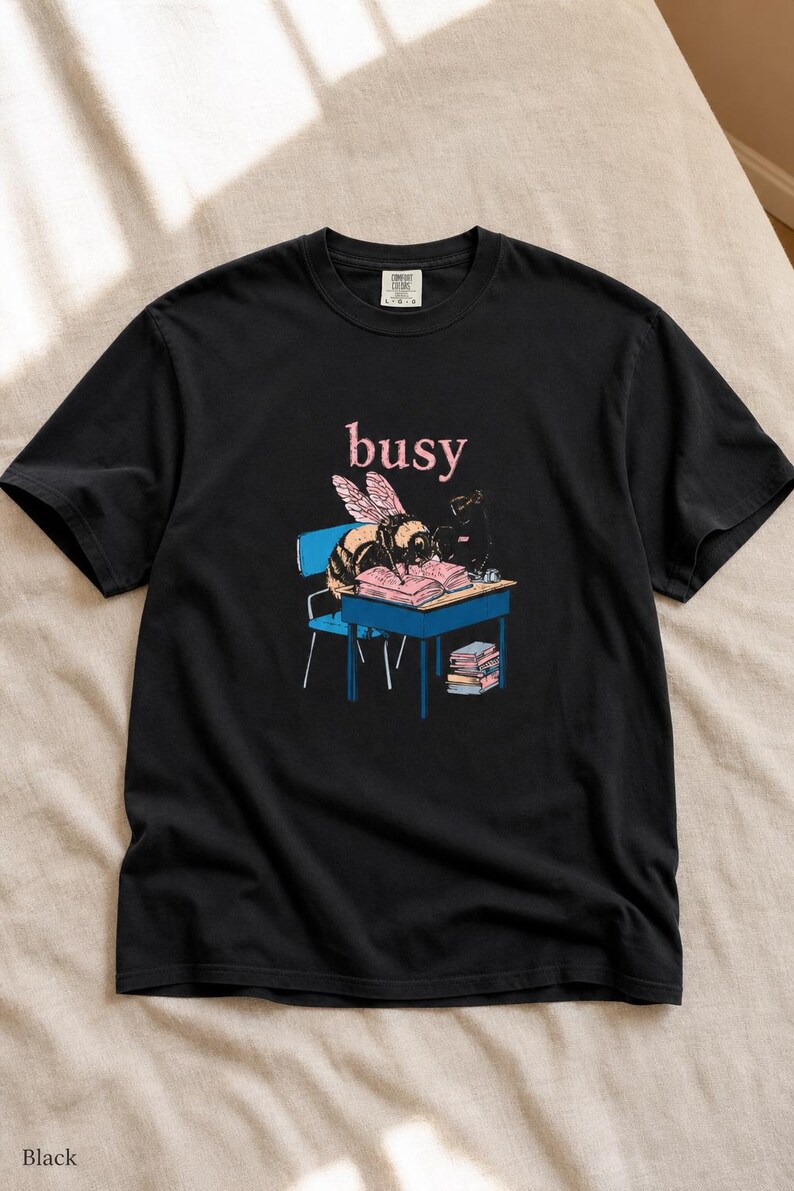 Busy Bee at Desk T-Shirt, Bumblebee Studying Illustration Tee, Bookish Cottagecore Graphic Shirt, Hard Worker Gift image 6