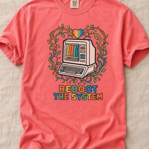 Reboot The System T-Shirt, Retro Computer with Vines and Rainbow Heart Tee, Vintage PC Graphic Cottagecore Tech Shirt image 15