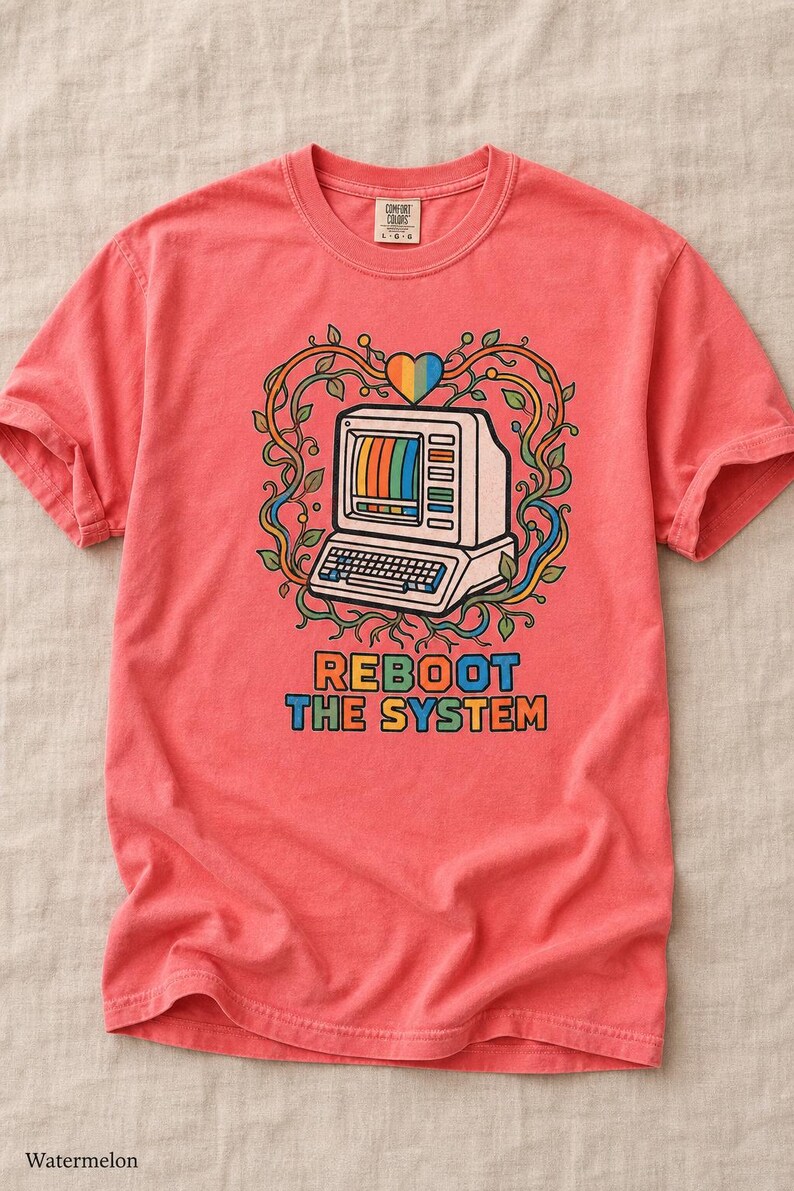 Reboot The System T-Shirt, Retro Computer with Vines and Rainbow Heart Tee, Vintage PC Graphic Cottagecore Tech Shirt image 15