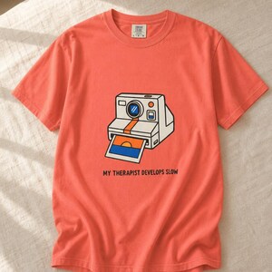 Retro Polaroid Camera T-Shirt, My Therapist Develops Slow, Vintage Instant Photo Tee, Film Photography Graphic Tee, Sunset Print image 10