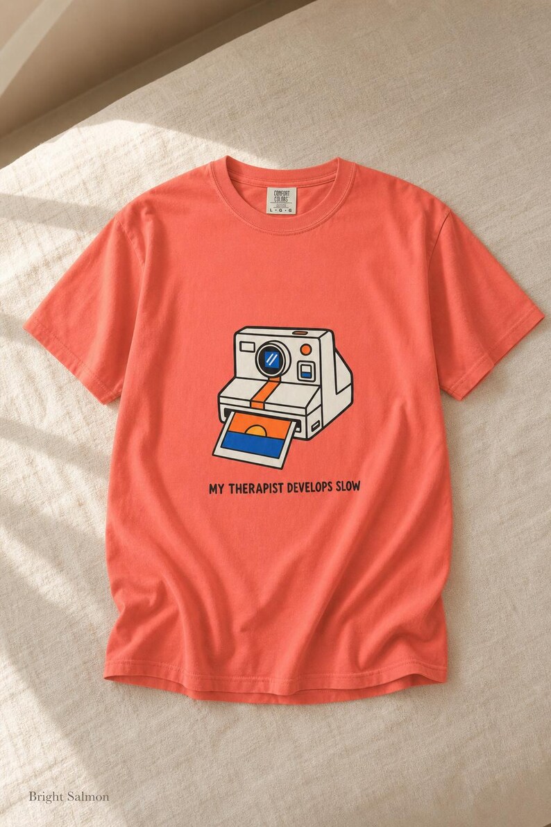Retro Polaroid Camera T-Shirt, My Therapist Develops Slow, Vintage Instant Photo Tee, Film Photography Graphic Tee, Sunset Print image 10