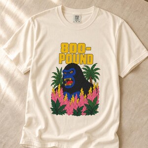 800-Pound Gorilla T-Shirt Pulp Poster Kaiju Tee Bold Flat Color Screenprint Style Roaring Ape Palm Trees Graphic Tee image 7