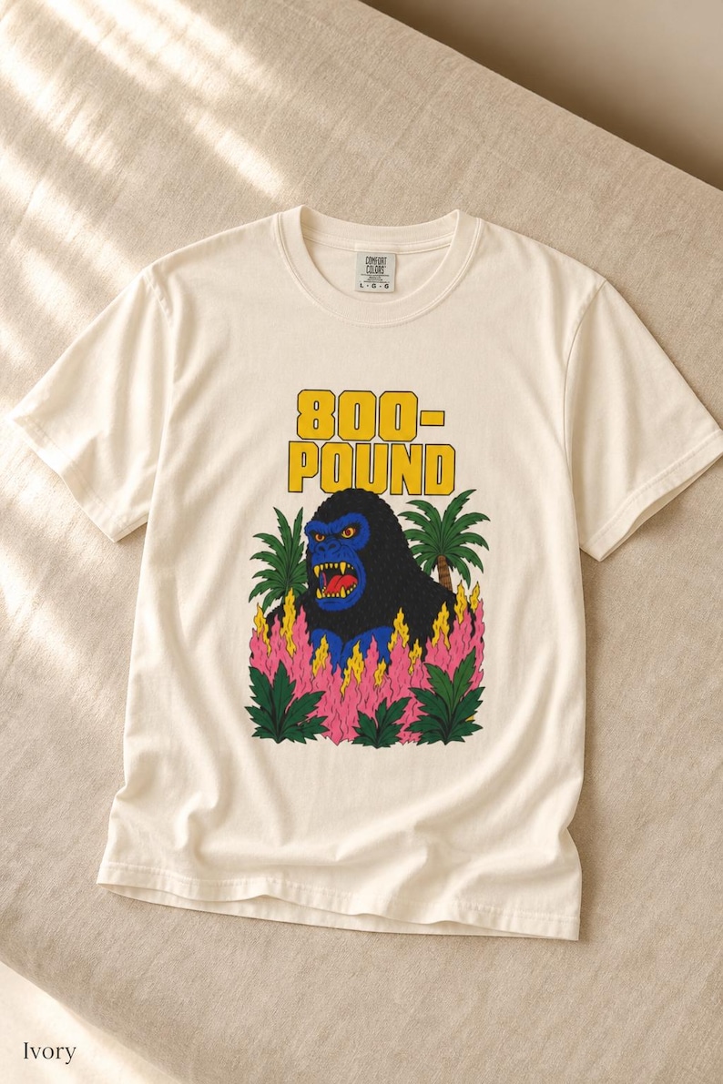 800-Pound Gorilla T-Shirt Pulp Poster Kaiju Tee Bold Flat Color Screenprint Style Roaring Ape Palm Trees Graphic Tee image 7