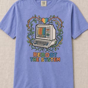 Reboot The System T-Shirt, Retro Computer with Vines and Rainbow Heart Tee, Vintage PC Graphic Cottagecore Tech Shirt image 16