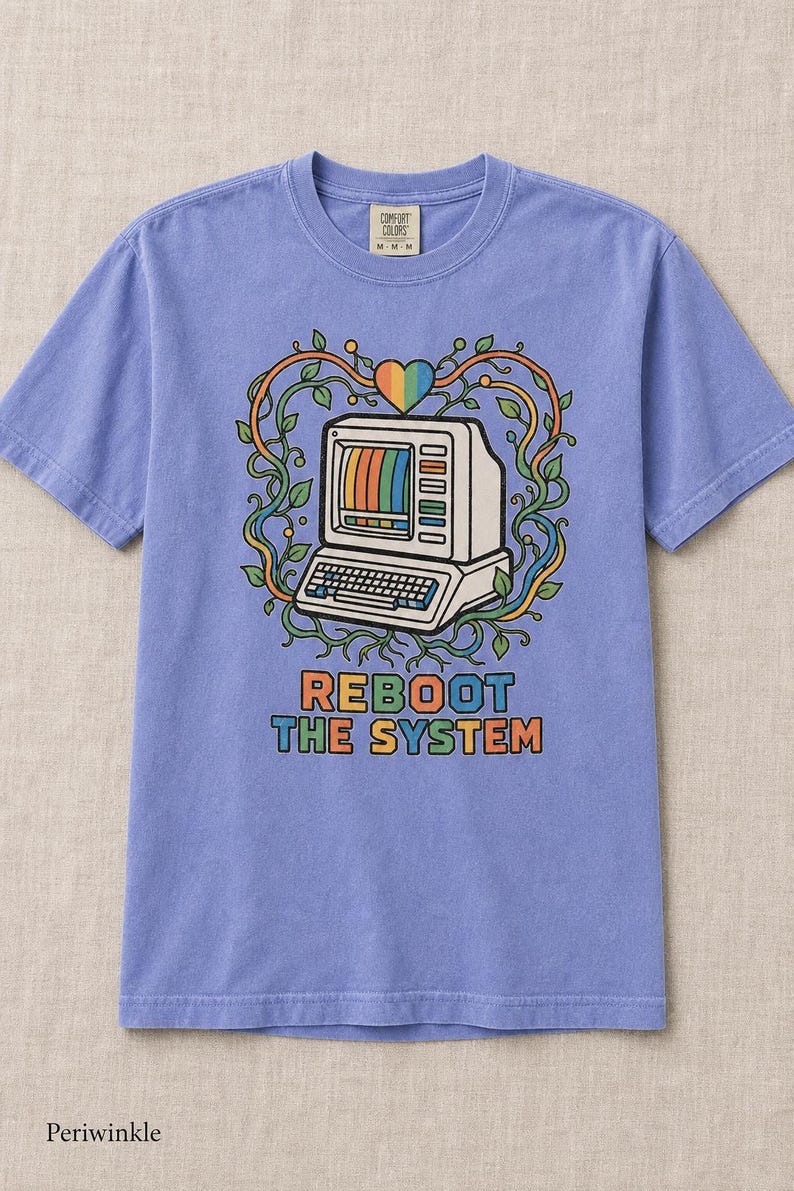 Reboot The System T-Shirt, Retro Computer with Vines and Rainbow Heart Tee, Vintage PC Graphic Cottagecore Tech Shirt image 16