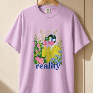 Reality VR Headset Garden T-Shirt Person in Yellow Jacket Among Daisies Hydrangeas and Peaches Botanical Graphic Tee image 18