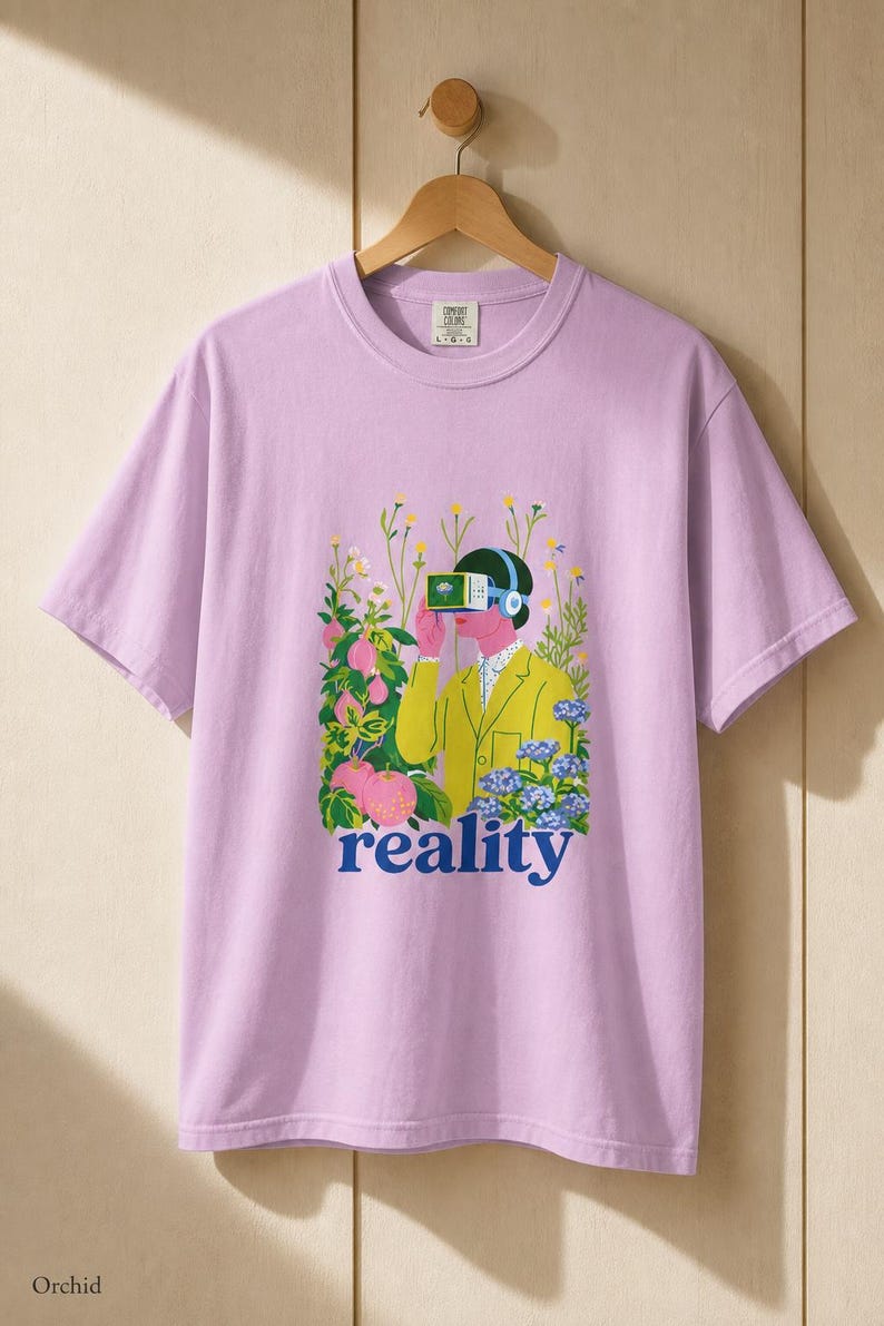 Reality VR Headset Garden T-Shirt Person in Yellow Jacket Among Daisies Hydrangeas and Peaches Botanical Graphic Tee image 18