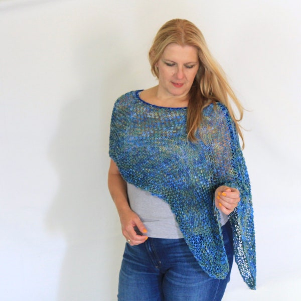 Knit poncho, blue poncho, womens poncho, cotton poncho, womens tops, boho hippie chic, bohemian clothing, womens knit wrap, summer knitwear