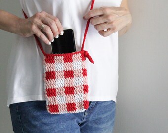 Red gingham bag, crochet mini bag, red vichy check bag, crossbody phone bag, red phone bag, red purse, phone bag, crochet purse
