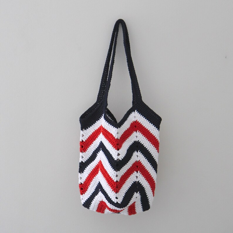 Crochet Handbag Blue Red White Bag Chevron Handbag Tote Etsy