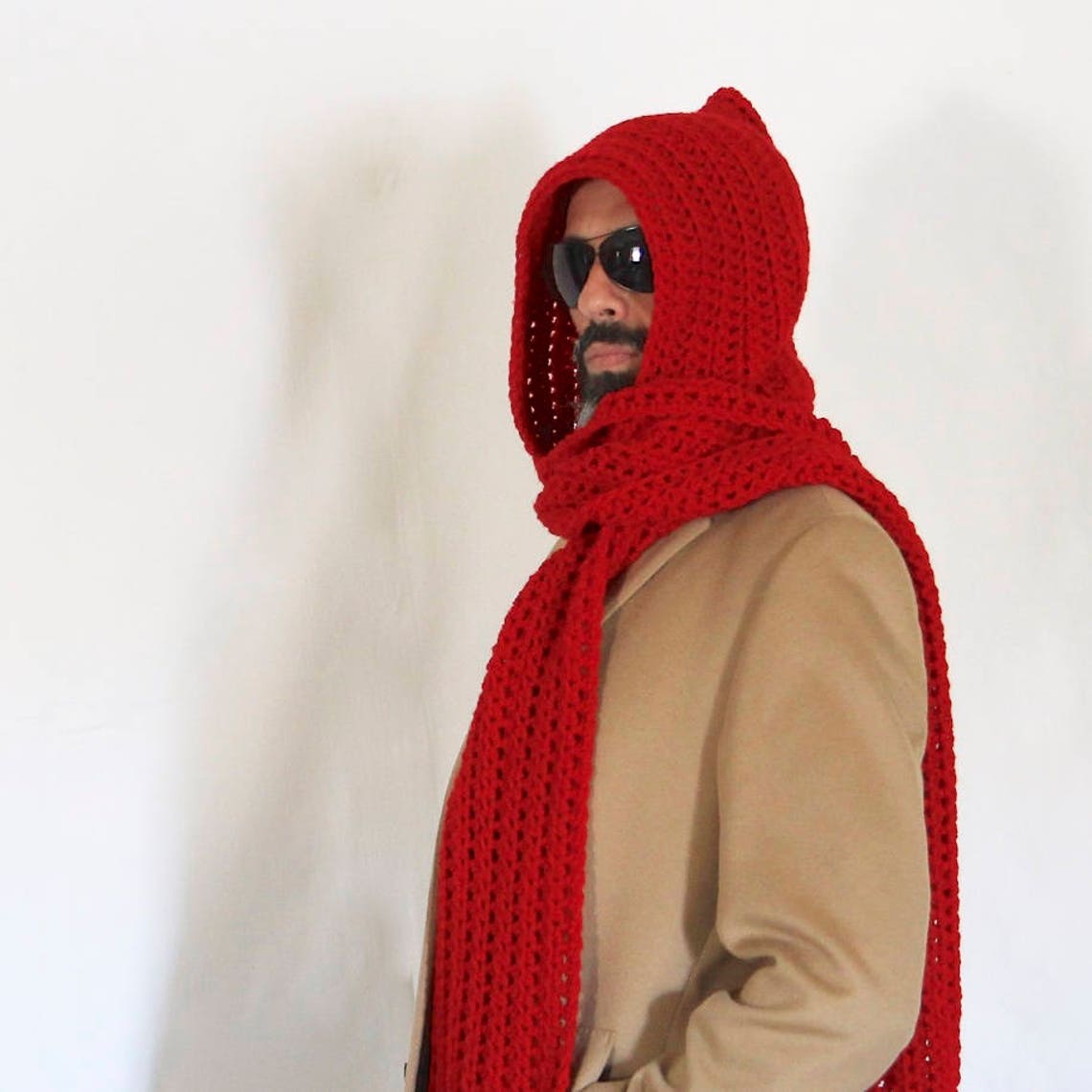 Mens Long Hooded Scarf Red Hooded Scarf Open Ends Hooded - Etsy