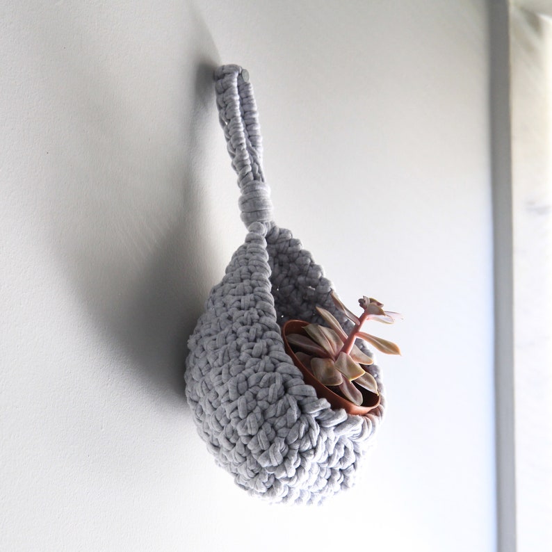 Grey crochet planter hanging basket grey storage basket Etsy